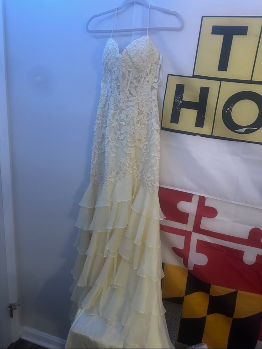 Sherri Hill Ivory Lace & Tiered Ruffle Prom Dress